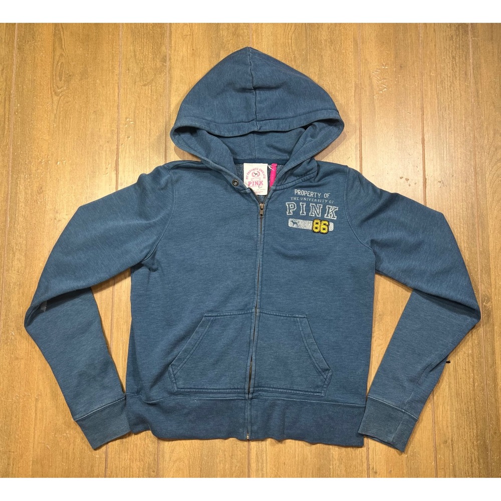 Victoria's Secret PINK Blue Full Zip Hoodie University Crest Graphic RN 70817